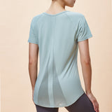 新しいスタイルのメッシュ通気性ヨガ半袖女性の吸湿発散性、ウエストカバーお尻カバー痩身ロングアークスイングヨガウェア Tシャツ