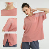 Yoga top, short sleeves, round neck, 4 colors to choose from, switching, tulle, breathable, quick drying, sweat absorbing, thin, elegant, sweet, simple, casual, loose, feminine, roomy, cheap, S~L 