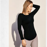 Yoga top, long sleeves, round neck, 4 colors to choose from, open back, belly cover, quick drying, sweat absorbent, breathable, durable, sports, slim, slimming, unique design, sexy, daily, stylish, retro, S~XL